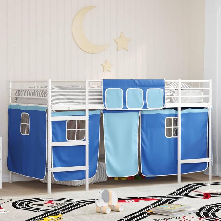 vidaXL Loftbed voor kids met gordijnen Wit en Blauw 107 x, Huis en Inrichting, Slaapkamer | Bedden, Nieuw, Verzenden