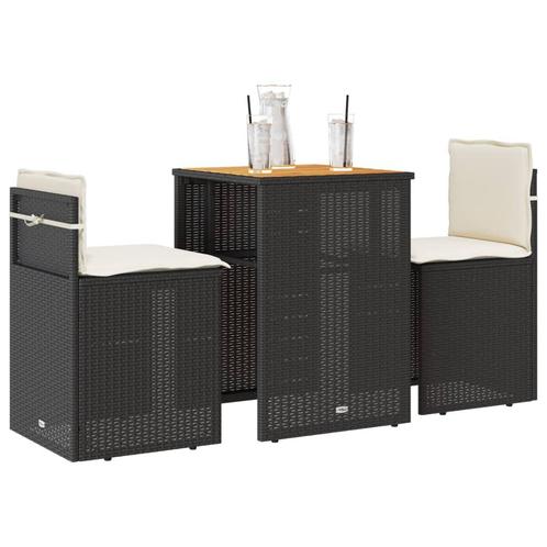 vidaXL 3-delige Bistroset met kussens poly rattan zwart, Tuin en Terras, Tuinsets en Loungesets, Nieuw, Verzenden