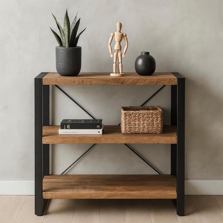 Boekenkast Mangohout Britt Laag 90 cm, Maison & Meubles, Armoires | Bibliothèques, Envoi