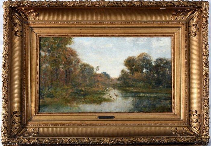 Louis Dubois (1830-1880) - Reigers bij de vijver., Antiquités & Art, Art | Peinture | Classique