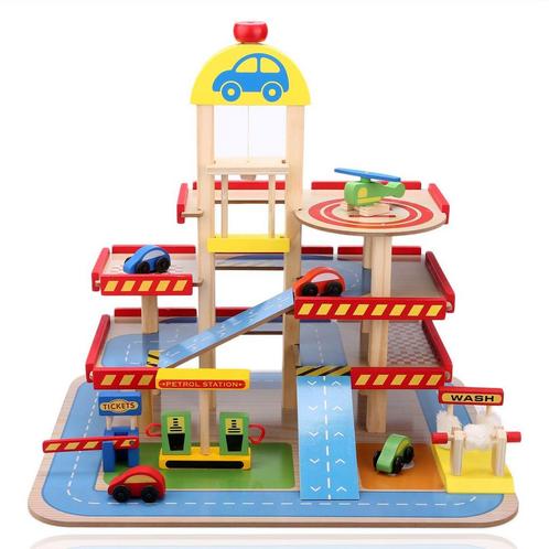 Speelgoed garage - hout - met lift en autos - 50x39,5x47 cm, Kinderen en Baby's, Speelgoed | Racebanen, Nieuw, Ophalen of Verzenden