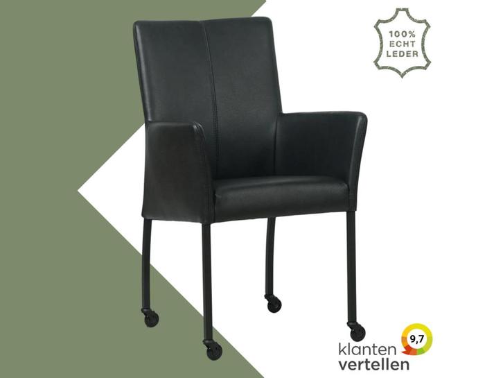 Leren eetkamerstoel Comfort met wieltjes en armleuning -, Huis en Inrichting, Stoelen, Zwart, Eén, Nieuw, Leer, Ophalen of Verzenden