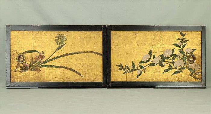 Kleine fusuma schuifdeuren schilderij, 4 panelen, gouden, Antiek en Kunst, Antiek | Overige Antiek