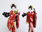 Japanese Dolls Pair in Sakura-Patterned Furisode Kimono with