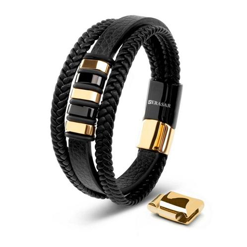 Leren armband  Glory  - Goud/Zwart, Handtassen en Accessoires, Armbanden