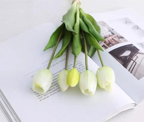 Tulpen real touch luxe siliconen latex groen wit 33 cm, Huis en Inrichting, Woonaccessoires | Kunstplanten en Kunstbloemen, Nieuw