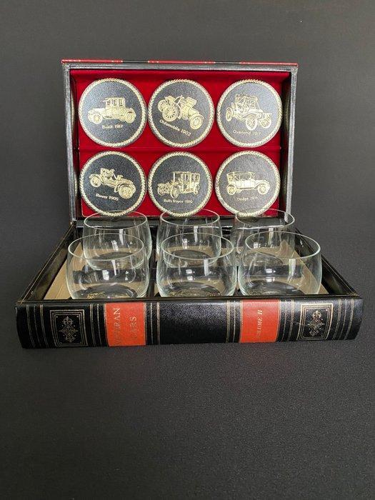 Drinkset - Glas, Hout, kunstleder - drinkset in boekvorm, Antiek en Kunst, Curiosa en Brocante