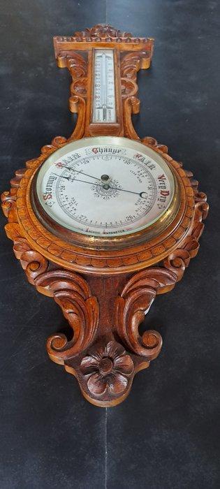 Aneroid barometer - Eikenhout/Glas/Koper., Antiek en Kunst, Curiosa en Brocante