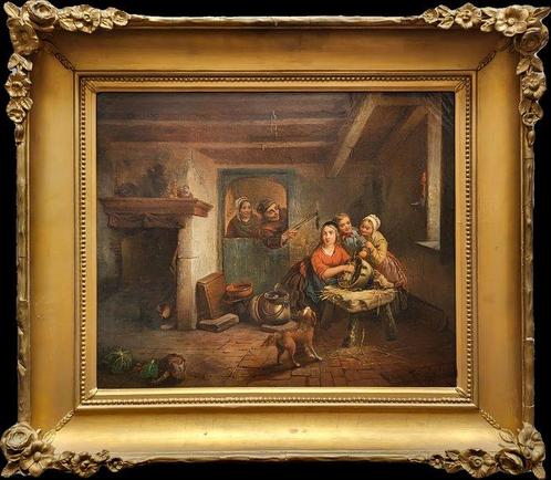Nederlandse school (XIX) - La visite des voisins, Antiek en Kunst, Kunst | Schilderijen | Klassiek