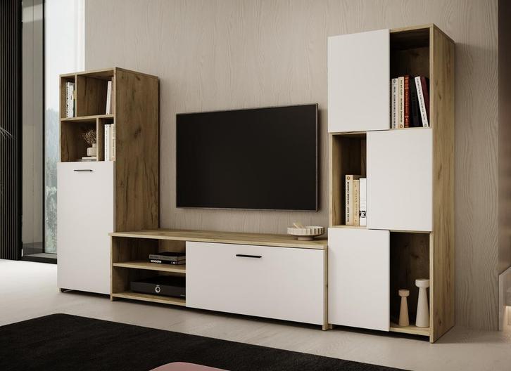 Meubella | Wandmeubel set van 3 | Eiken - Wit | TV-Meubel, Huis en Inrichting, Kasten | Wandmeubels, 25 tot 50 cm, Nieuw, 200 tot 250 cm