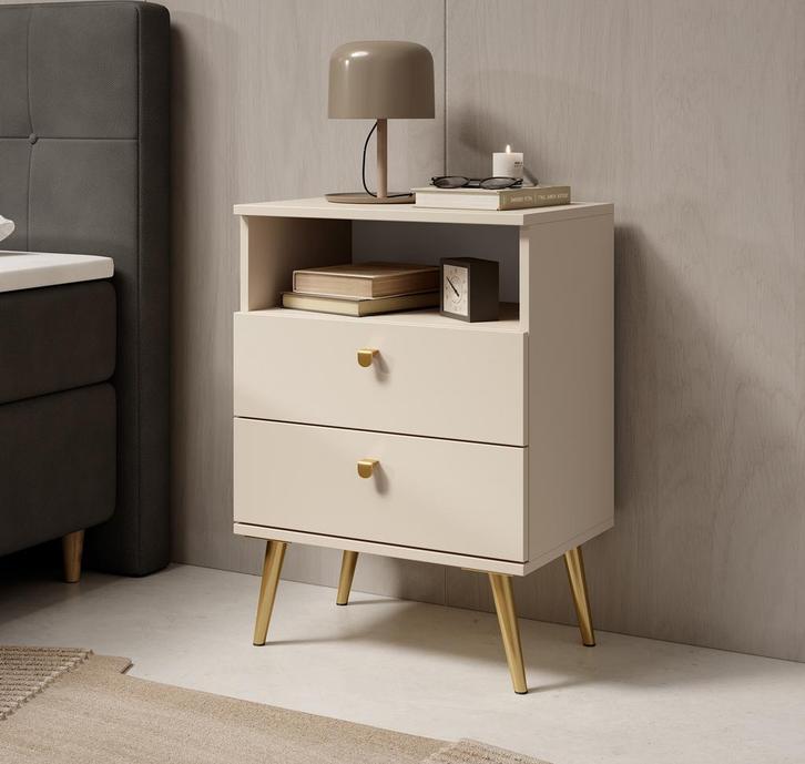 Meubella Nachtkastje beige 50 cm met lade goud, Huis en Inrichting, Kasten | Overige, Nieuw, Verzenden
