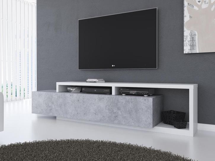 TV Meubel - Beton met wit - 219x45x52 cm - TV kast met lade, Huis en Inrichting, Kasten |Televisiemeubels, 25 tot 50 cm, Nieuw