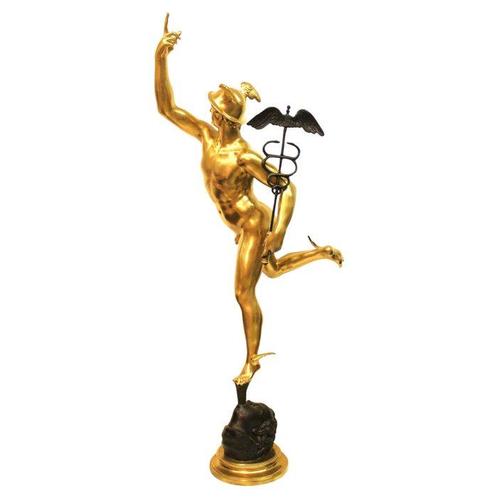 sculptuur, Grande Mercurio in bronzo dorato, 186 cm - 186 cm, Antiek en Kunst, Antiek | Keramiek en Aardewerk