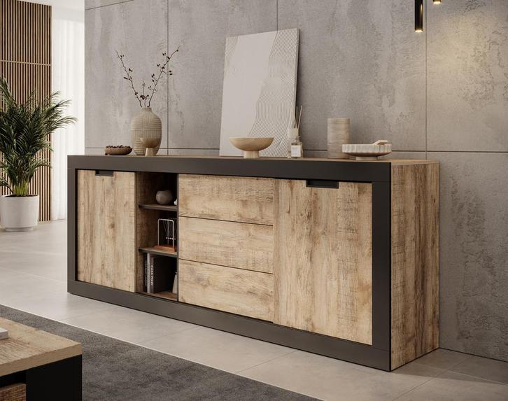 Meubella Dressoir 220cm eiken | Opbergkast met schuifdeuren, Huis en Inrichting, Kasten | Dressoirs, 25 tot 50 cm, Nieuw, 200 cm of meer
