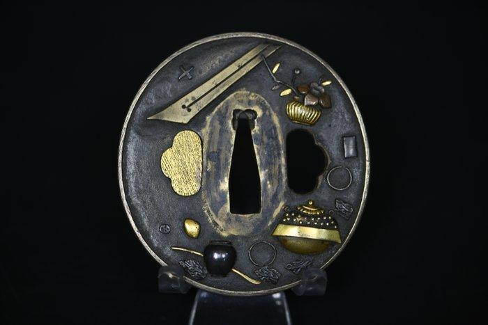 Bronzen tsuba met een vogel op een lijsterrank, ingelegd met, Antiek en Kunst, Antiek | Overige Antiek