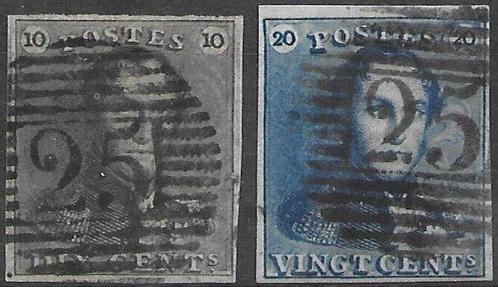 België 1849/1849 - Nummer 1 + 2 met afstempeling P25, Timbres & Monnaies, Timbres | Europe | Belgique