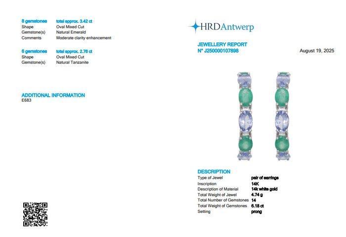 Hoepel oorbellen - 14 karaat Witgoud - 6.18ct. tw. Smaragd -, Handtassen en Accessoires, Antieke sieraden