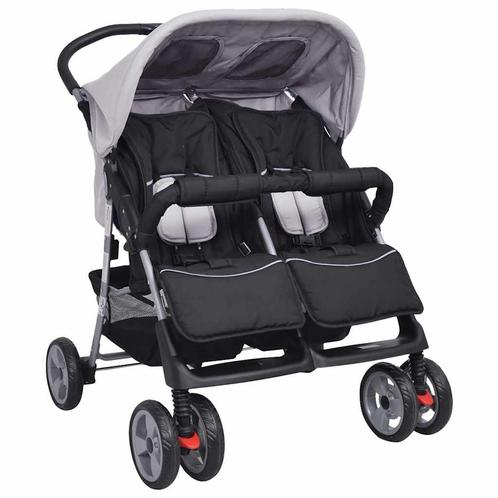 vidaXL Tweelingwagen staal grijs en zwart, Kinderen en Baby's, Kinderwagens en Combinaties, Nieuw, Verzenden