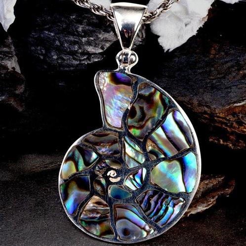 Pendentif en forme dammonite avec incrustations de nacre, Verzamelen, Mineralen en Fossielen