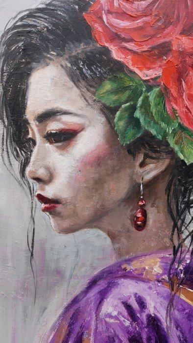 Elisa Brindani - Geisha con kimono viola, Antiek en Kunst, Kunst | Schilderijen | Modern