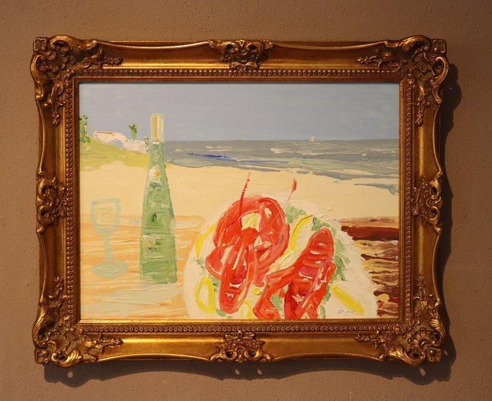 Christian Goedtkindt (1954) - Strandzicht met kreeft en wijn, Antiek en Kunst, Kunst | Schilderijen | Klassiek