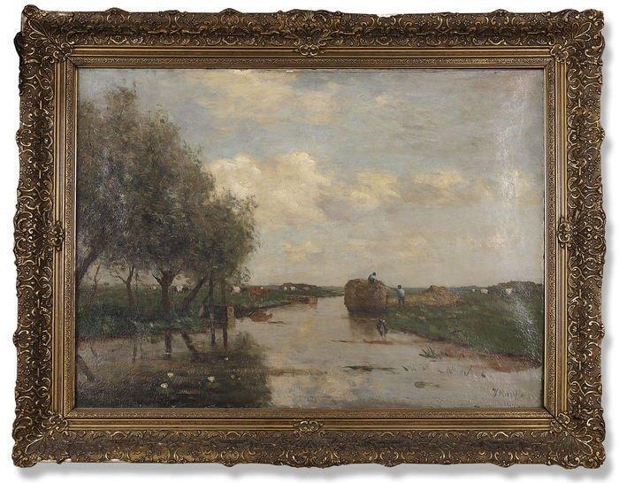 Victor Bauffe (1849-1921) - Hooien met de platte schuit, Antiquités & Art, Art | Peinture | Classique