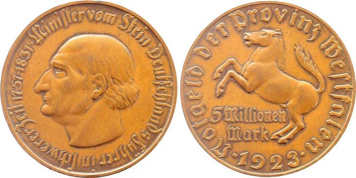 1923 Duitsland 5 Millionen Mark Westfalen ss/vz, unvergou..., Postzegels en Munten, Munten | Europa | Niet-Euromunten, België