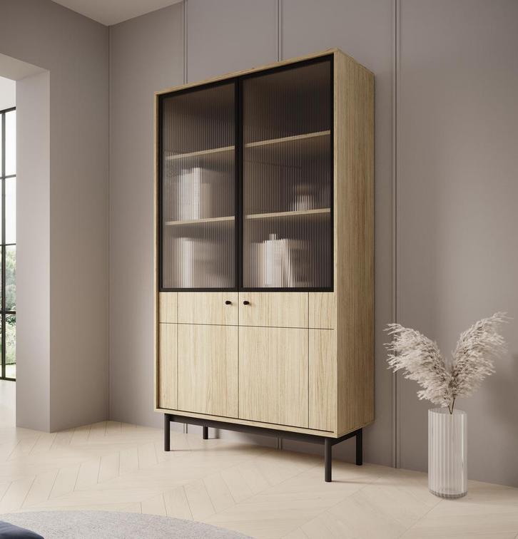 Meubella Vitrinekast eiken opbergkast 104cm | Gegroefd glas, Maison & Meubles, Armoires | Vitrines, Envoi