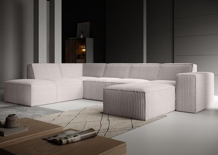 Hoekbank - Beige - Fluffy - Ribstof - Rechts | 261x216x80, Huis en Inrichting, Zetels | Complete zithoeken, Nieuw, Verzenden