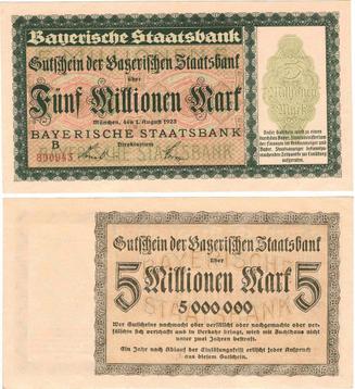 5 Million Mark / 5000000 Mark August 1923 Duitsland Bayer...
