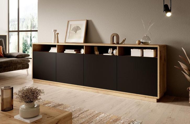 Meubella | Dressoir eiken mat zwart 238x40x75, Huis en Inrichting, Kasten | Dressoirs, 25 tot 50 cm, Nieuw, Verzenden
