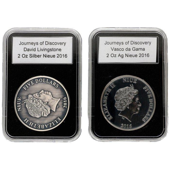 Niue. 5 Dollars 2016 - Journeys of Discovery (2 stuks), Postzegels en Munten, Munten | Europa | Niet-Euromunten