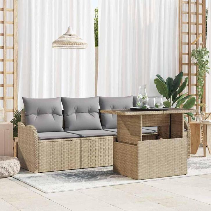 vidaXL Tuinbank Set met kussen 5 pcs Beige Poly rattan, Jardin & Terrasse, Ensembles de jardin, Envoi