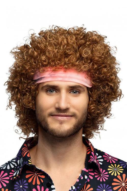 Pruik Afro Bruin Roze Haarband Krullend Disco Seventies Hipp, Kleding | Dames, Carnavalskleding en Feestkleding, Nieuw, Ophalen of Verzenden