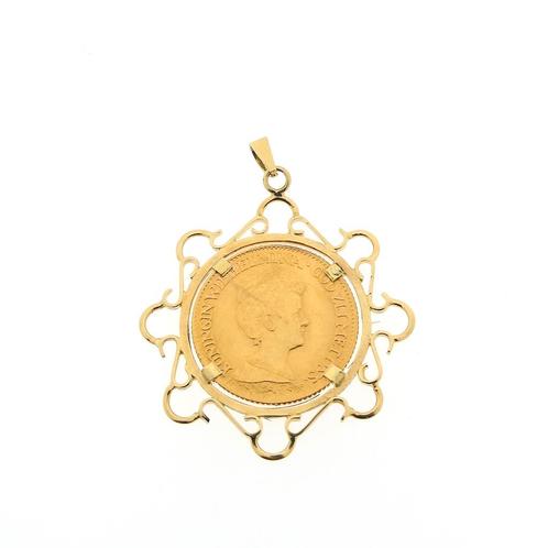 Gouden hanger van 10 gulden munt Koningin Wilhelmina 1917, Bijoux, Sacs & Beauté, Bracelets à breloques, Enlèvement ou Envoi