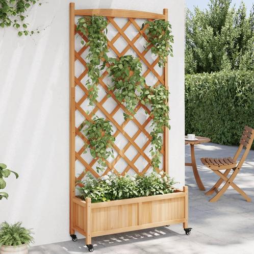 vidaXL Plantenbak met latwerk en wielen massief vurenhout, Tuin en Terras, Bloempotten, Nieuw, Verzenden