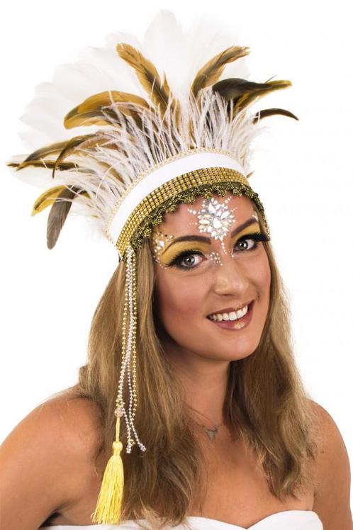 Verentooi Bruin Wit Goud Veren Tooi Witte Hoofdtooi Indianen, Kleding | Dames, Carnavalskleding en Feestkleding, Nieuw, Ophalen of Verzenden