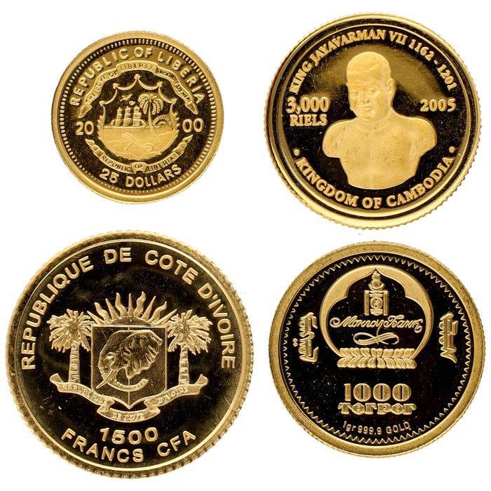 Liberia, Mongolië, Cambodja, Ivoorkust. 2000/2008 - Gouden, Postzegels en Munten, Munten | Europa | Niet-Euromunten