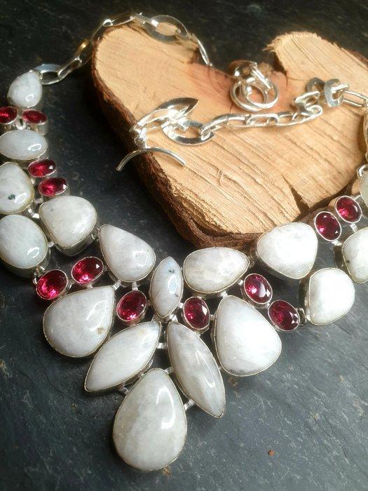 Zilver, Regenboog maansteen, granaat - Kraagketting, Verzamelen, Mineralen en Fossielen