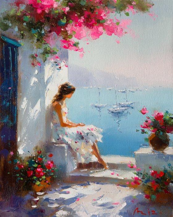 Aziz Sulaimanov - Waiting by the Sea, Antiek en Kunst, Kunst | Schilderijen | Modern