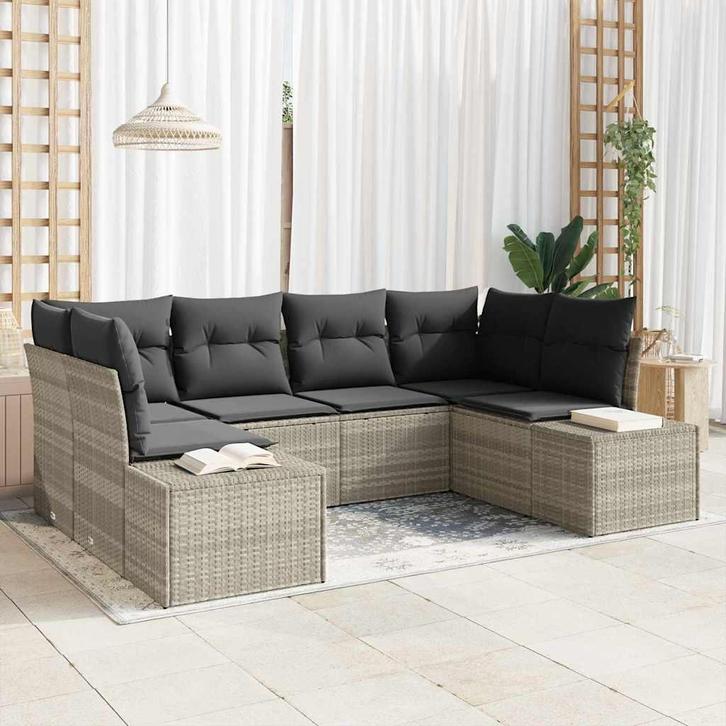 vidaXL Tuinbank Set met kussen 6 pcs Lichtgrijs Poly rattan, Tuin en Terras, Tuinsets en Loungesets, Nieuw, Verzenden