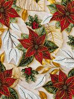 Stoffe met kerstdecoratie - kerststerren en gouden bladeren., Nieuw