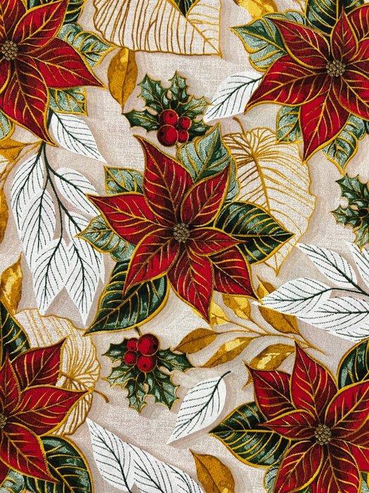 Stoffe met kerstdecoratie - kerststerren en gouden bladeren., Diversen, Kerst