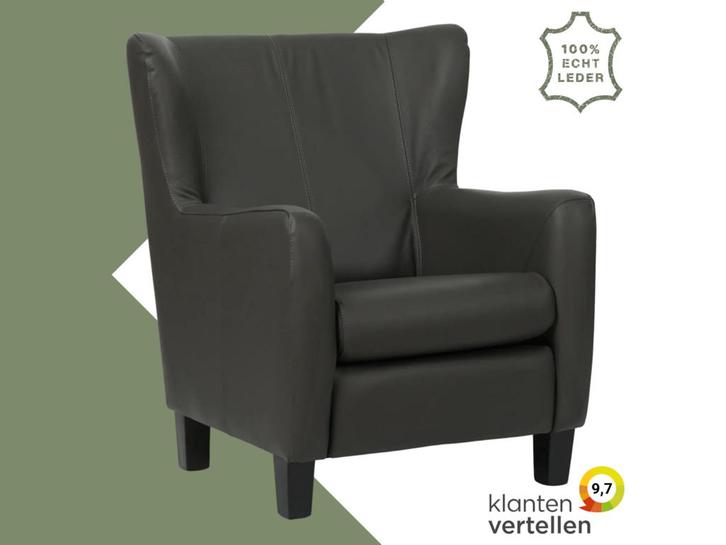 Leren fauteuil Hug - Hermes Antracite (donkergrijs) - Poten, Huis en Inrichting, Fauteuils, 75 tot 100 cm, 75 tot 100 cm, Nieuw