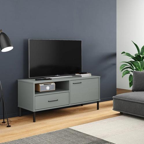 vidaXL Meuble TV avec pieds en métal Gris Bois de pin, Huis en Inrichting, Kasten |Televisiemeubels, Verzenden