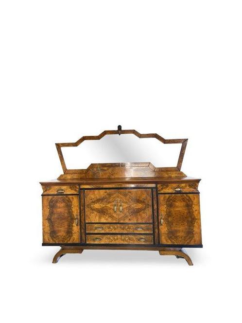 Credenza - Hout, Messing, Wortelnotenhout, spiegel, Antiek en Kunst, Kunst | Designobjecten
