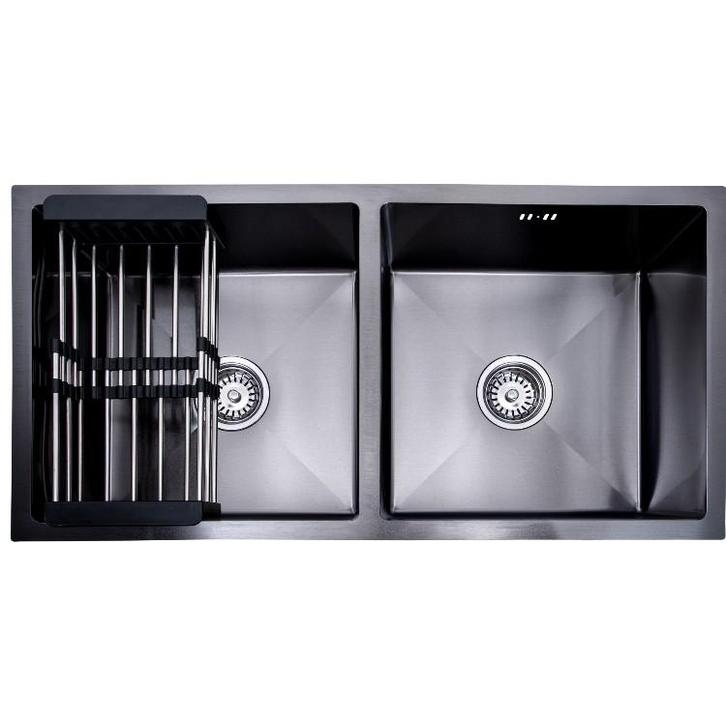 Lendo Online Dubbele Spoelbak 87x44 cm Zwart – Met Droogrek, Doe-het-zelf en Bouw, Sanitair, Nieuw, Verzenden