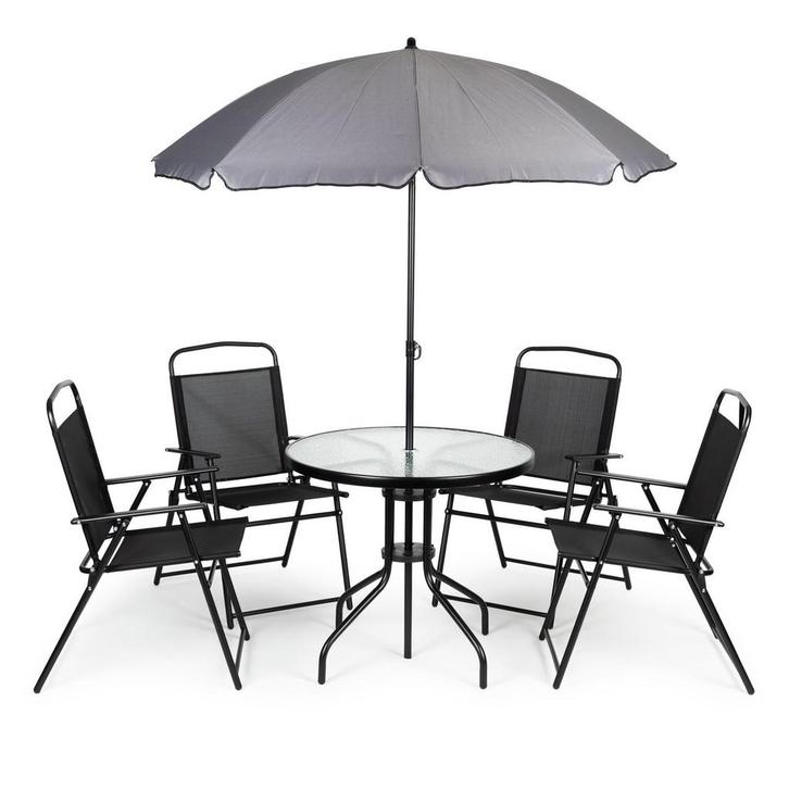 Tuinset met ronde tafel, 4 klapstoelen en parasol – zwart, Jardin & Terrasse, Ensembles de jardin, Enlèvement ou Envoi