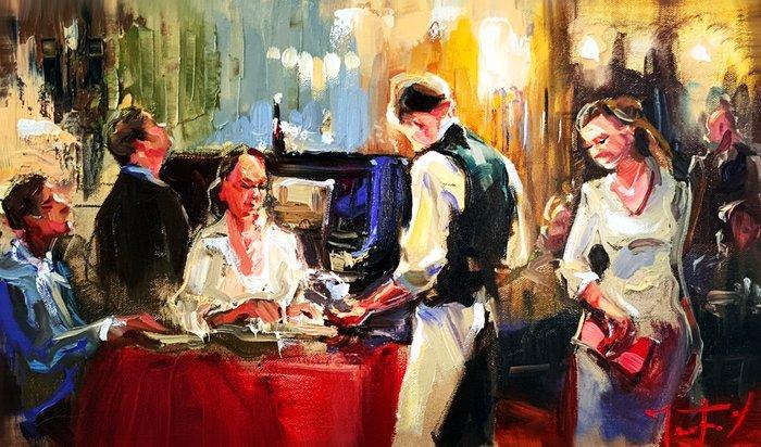 Jurij Frey - Cafe´, Paris, Antiek en Kunst, Kunst | Schilderijen | Modern