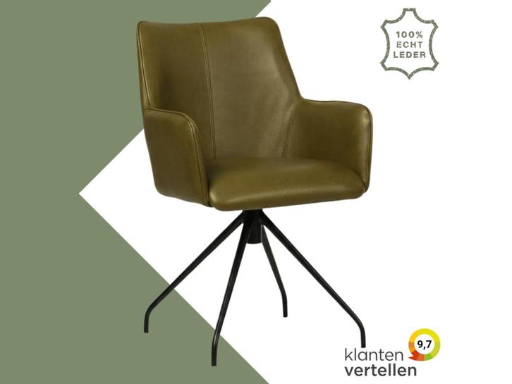 Leren eetkamerstoel Wave - Granada Olive (olijf) - Spinpoot, Huis en Inrichting, Stoelen, Overige kleuren, Eén, Nieuw, Leer, Ophalen of Verzenden
